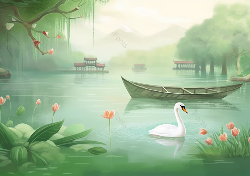 绿色中国风鹅柳树池塘船水墨画背景,插画/手绘图,插画/手绘图库,插画/手绘图下载,插画/手绘